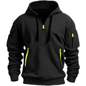 Men Black Fleece Sweatshirts Lightweight Stitching Color Zipper Fashion Hoodies